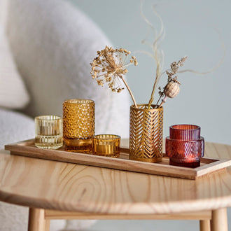 Elvina Wooden Tray with Tealight Holders in Warm Brown