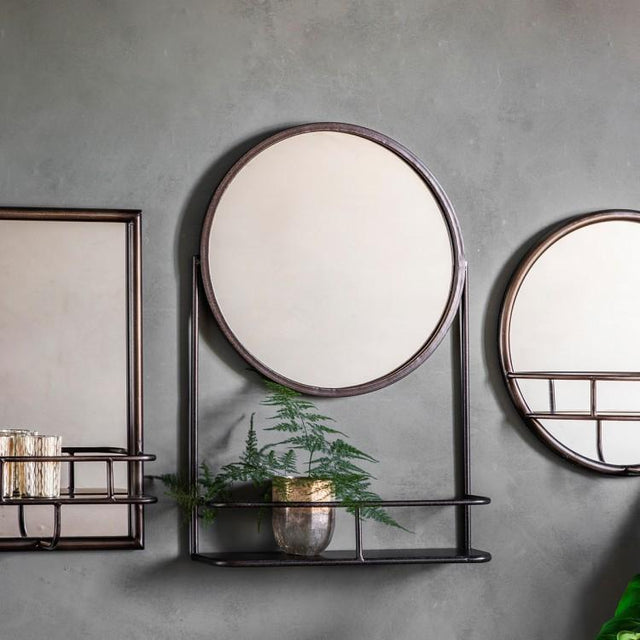 Della Round Wall Mirror with Shelf in Rust