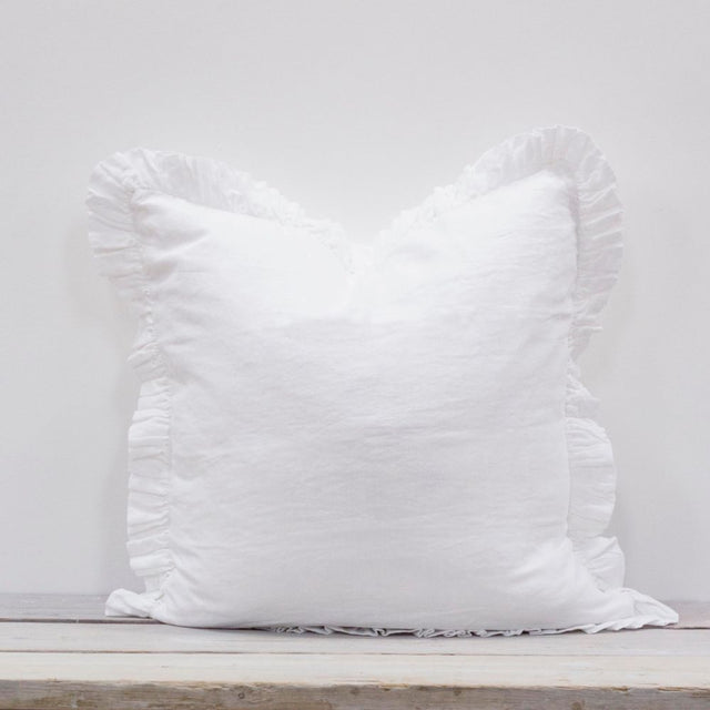 Olivia Large Linen Ruffle Cushion in White