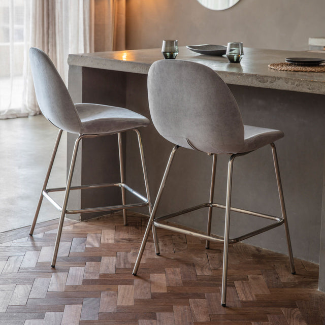 Abi Set of 2 Velvet Bar Stools in Light Grey